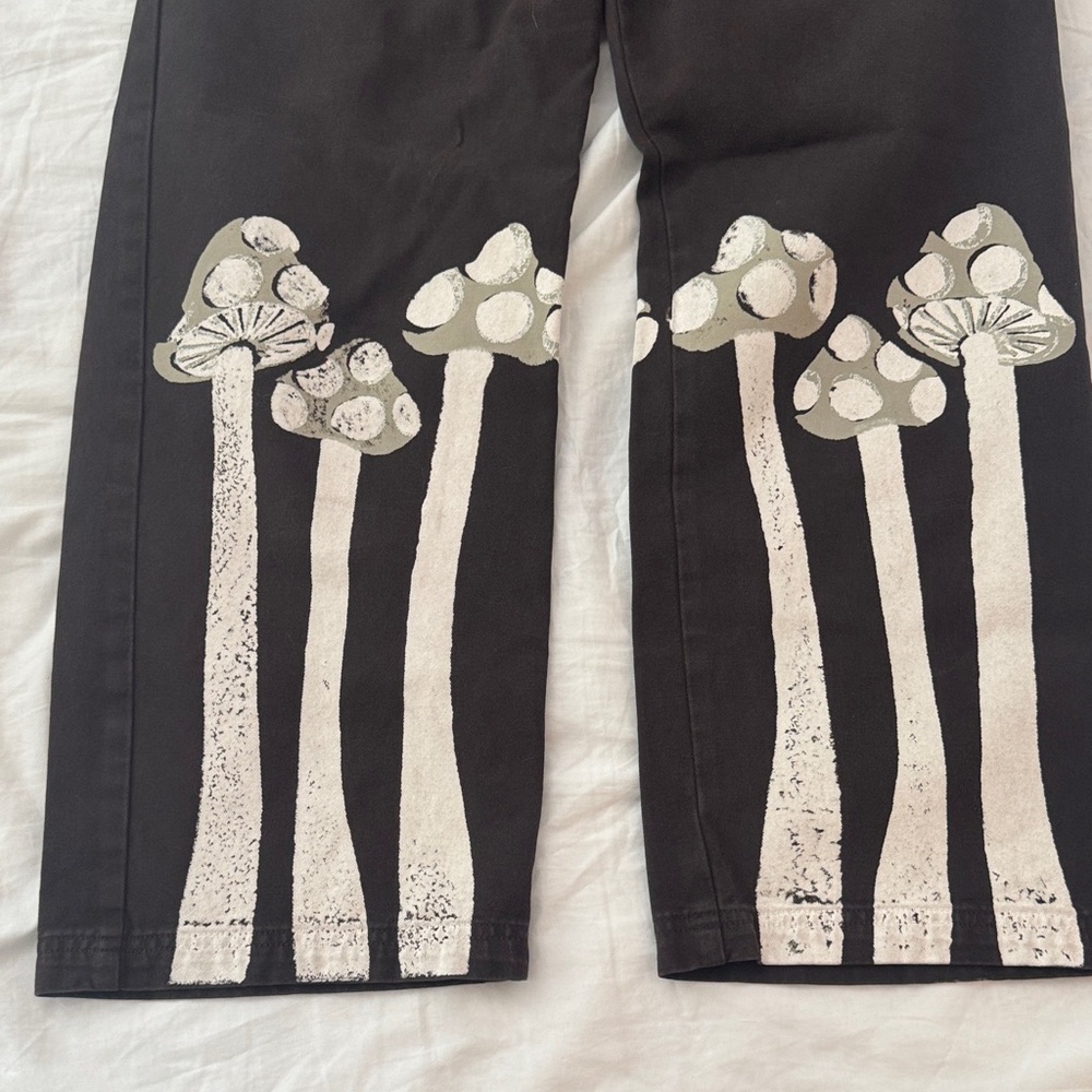 Big bud pants size M —chocolate Pants with White & Gray Mushroom Print